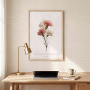 Framed Christian floral wall art titled Psalm 103:5 featuring watercolor wildflowers, displayed on a beige patterned wall above a light wooden desk with a brass lamp in a modern home office.