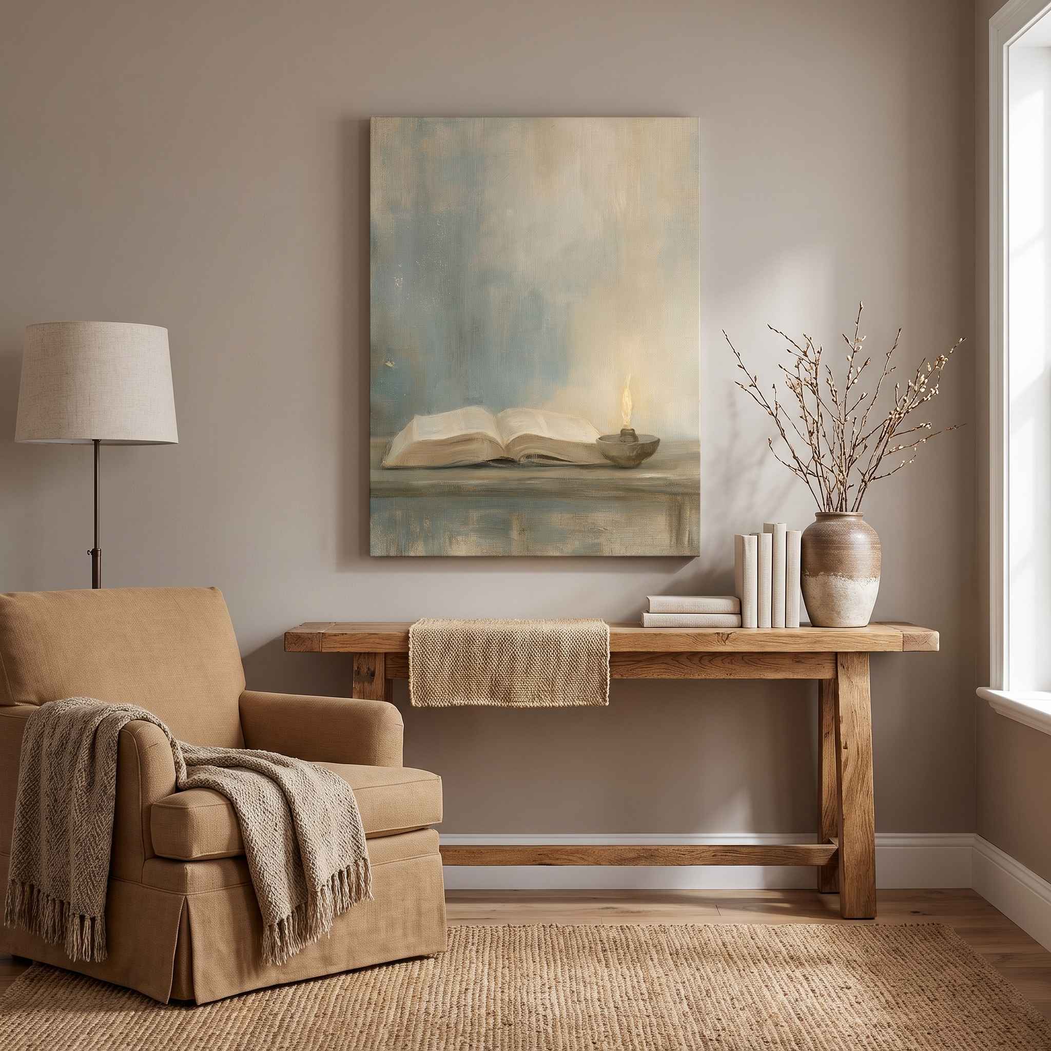 Psalm 119:105 Bible and oil lamp Christian wall art above a rustic wooden table with a sofa on the side in the living room.