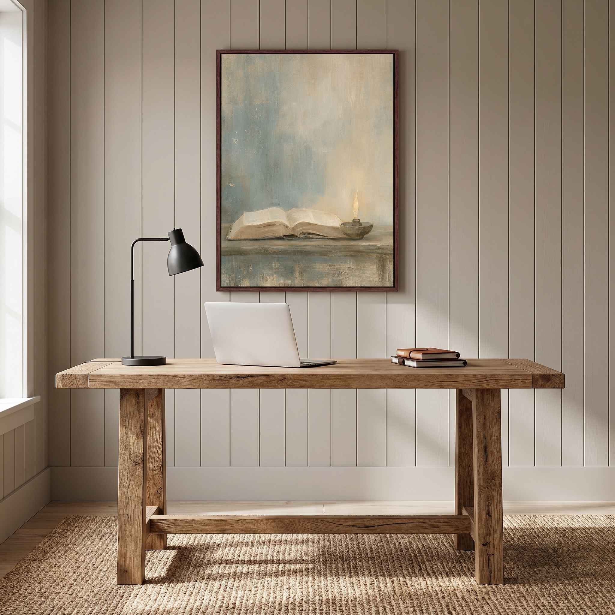 Framed Psalm 119:105 Bible and oil lamp Christian wall art above a rustic wooden desk with a laptop, black task lamp and books in a home office.