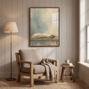 Framed Psalm 119:105 open Bible and oil lamp Christian wall art above a wooden reading chair with a knitted blanket beside a floor lamp and window.