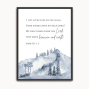 Psalm 121:1–2 Christian mountain wall art featuring a misty blue and gray watercolor landscape with the words “My Help Comes from the Lord.”