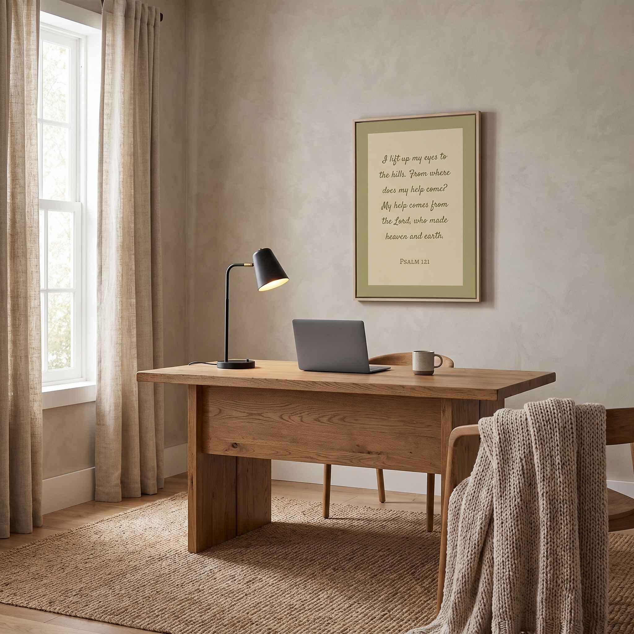 Framed minimalist Scripture wall art titled Psalm 121:1–2 featuring "My help comes from the Lord" in elegant script, displayed in a light wood frame on a beige wall above a wooden desk with a black lamp, laptop, mug, and chair with a knitted throw in a softly lit home office.