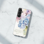 Fearfully and Wonderfully Made Christian Samsung Galaxy phone case with blue and purple watercolor hydrangeas and Psalm 139:14 Bible verse on a white marble background.