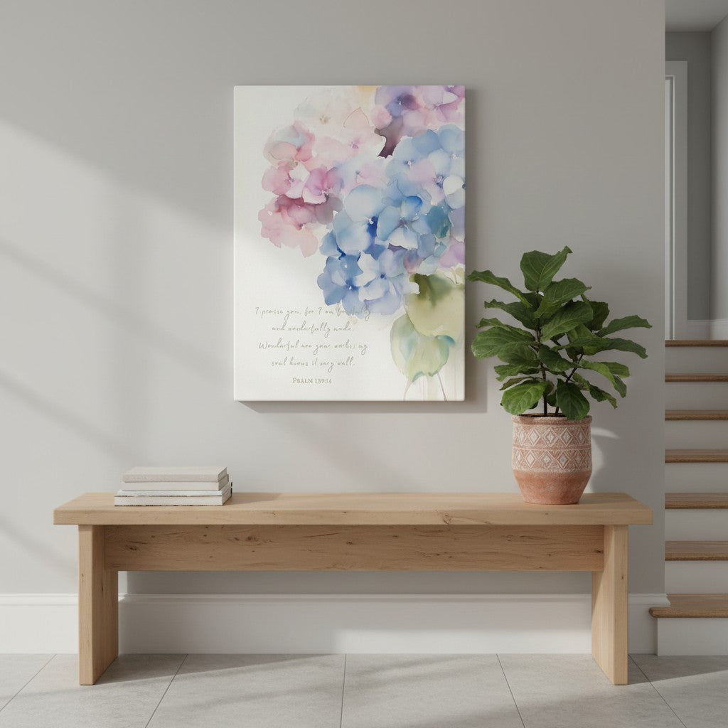 Psalm 139:14 hydrangea Christian wall art displayed in a bright entryway with a wooden bench and potted plant.