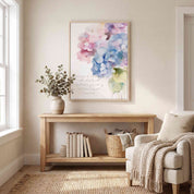 Psalm 139:14 Christian floral wall art with watercolor hydrangeas displayed above a light wood console table in a bright living room.