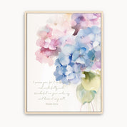 Psalm 139:14 watercolor hydrangea wall art with the Bible verse ‘Fearfully and wonderfully made’ in soft blue, pink and purple flowers.