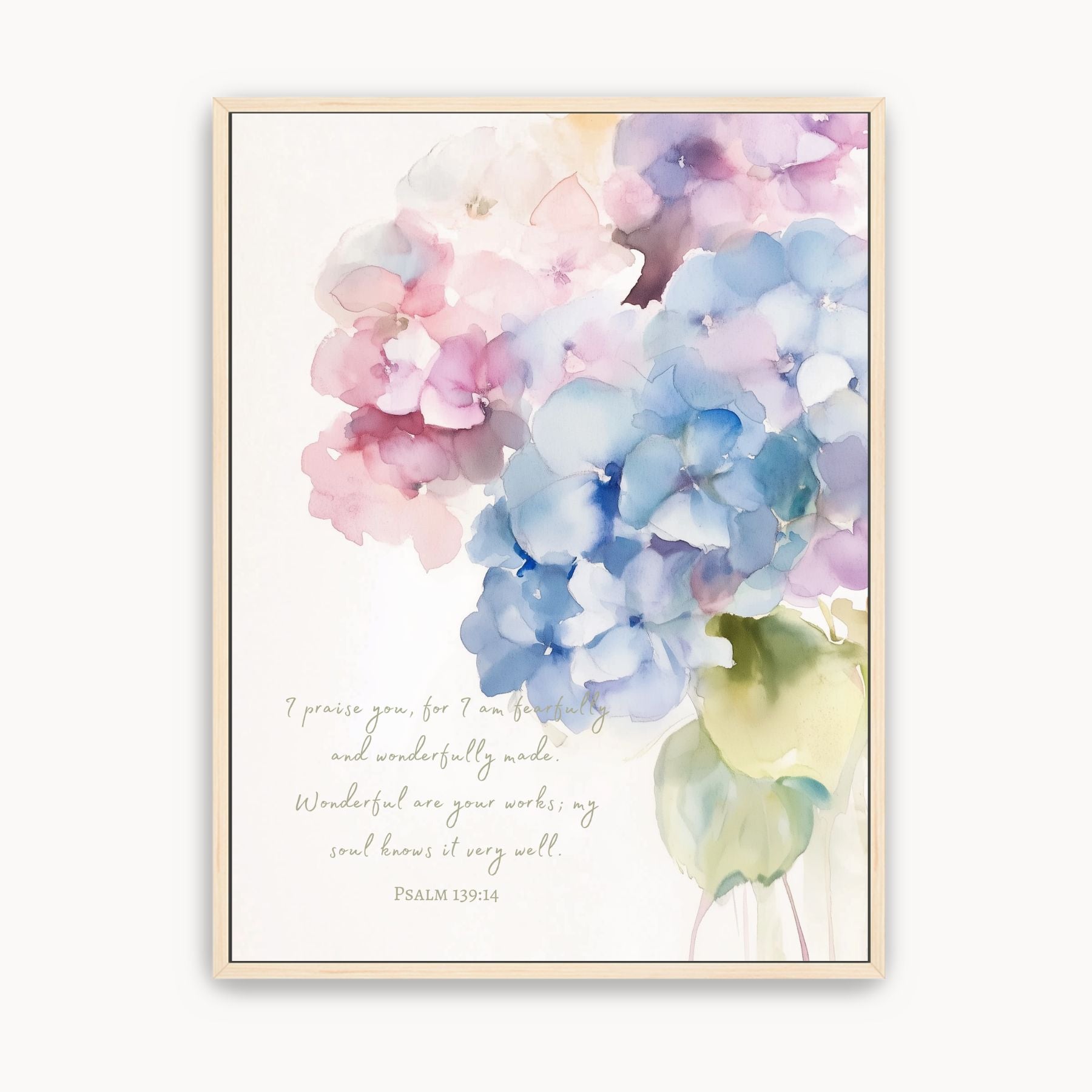 Psalm 139:14 watercolor hydrangea wall art with the Bible verse ‘Fearfully and wonderfully made’ in soft blue, pink and purple flowers.