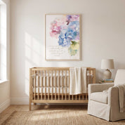 Psalm 139:14 hydrangea Scripture wall art above a wooden crib in a softly lit nursery, with a cozy neutral chair and rug.