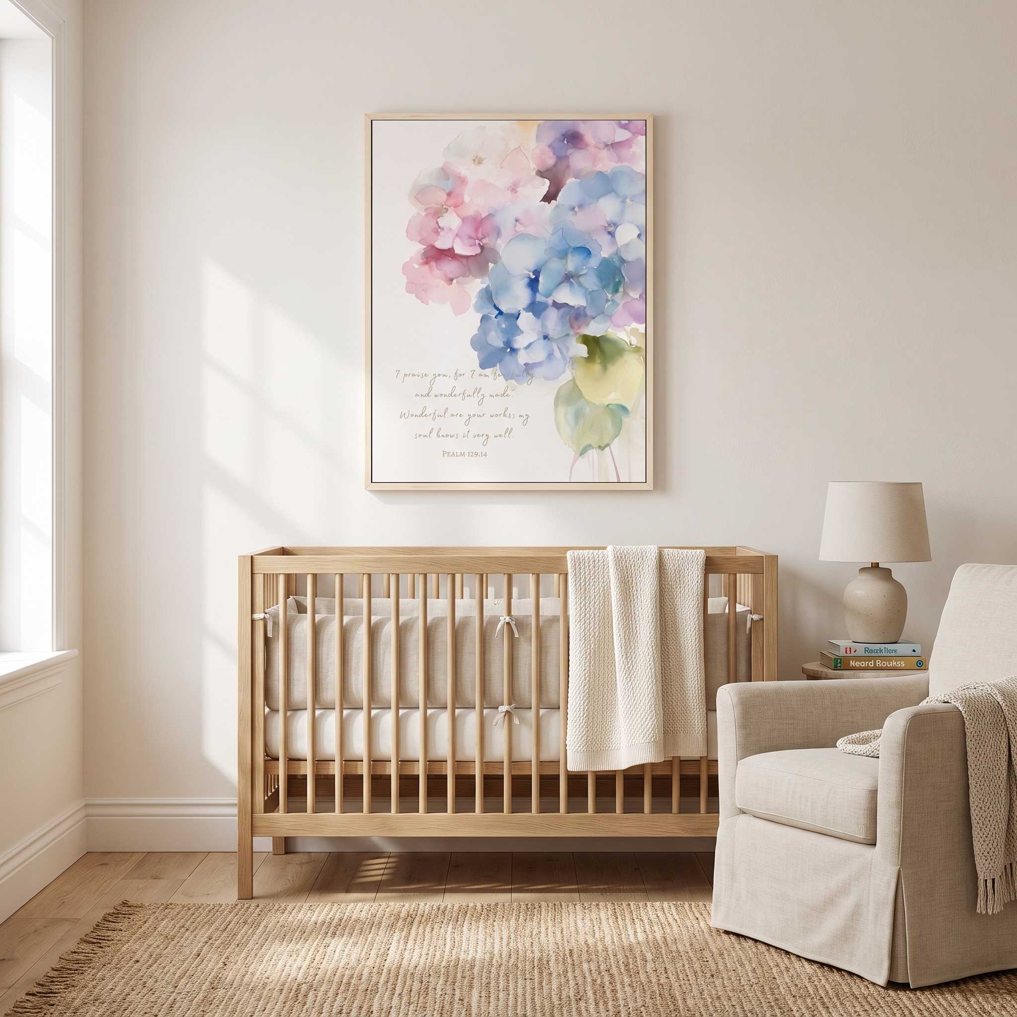 Psalm 139:14 hydrangea Scripture wall art above a wooden crib in a softly lit nursery, with a cozy neutral chair and rug.