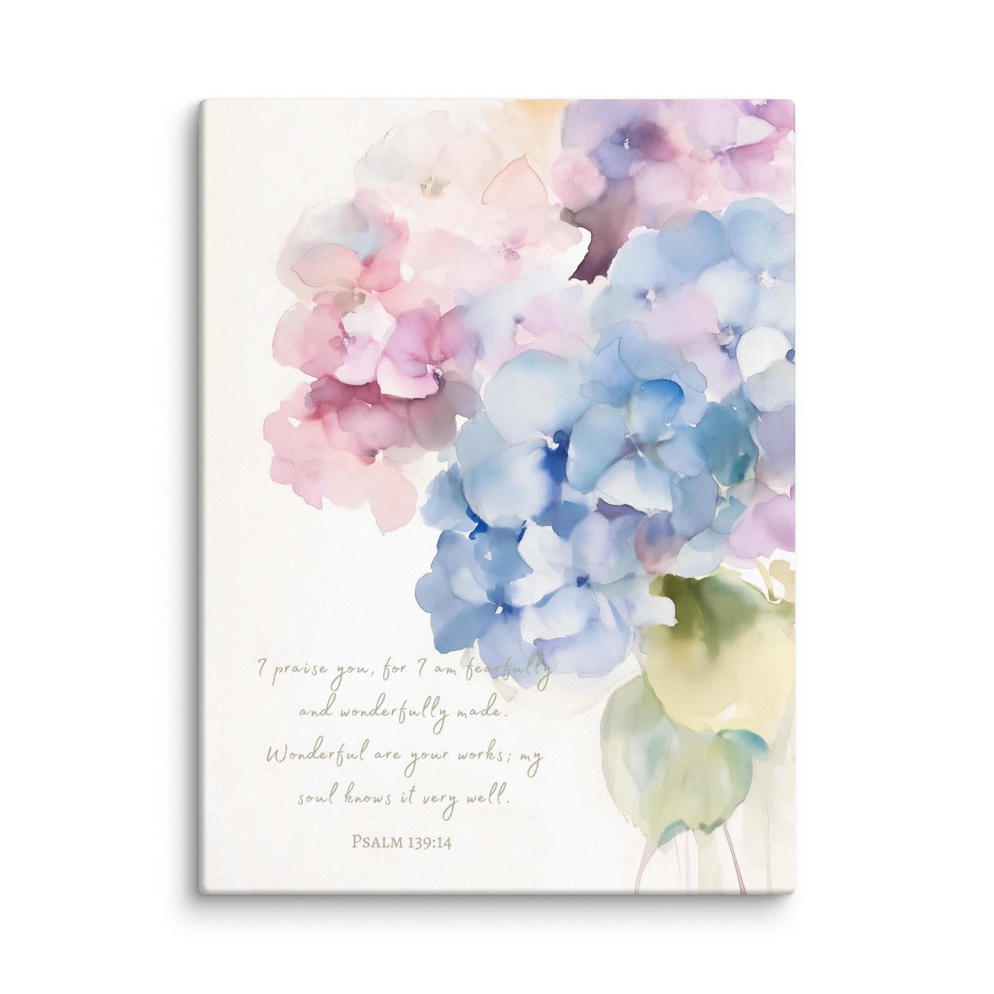 Psalm 139:14 watercolor hydrangea scripture canvas featuring the verse “I praise you, for I am fearfully and wonderfully made.