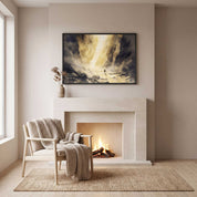 Psalm 23:4 Darkest Valley Christian watercolor wall art with a cross of light, displayed above a white fireplace in a warm neutral living room.