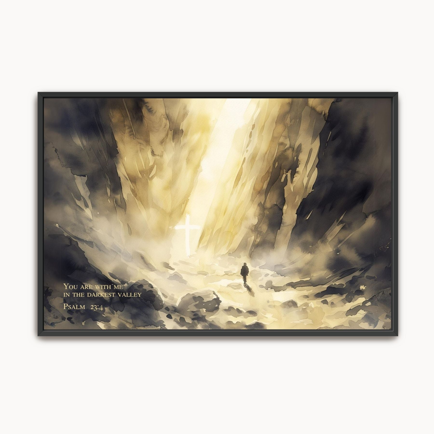 Psalm 23:4 Christian wall art depicting a lone traveler in a shadowed valley beneath a radiant cross of light, a watercolor reminder of God’s comfort and hope.