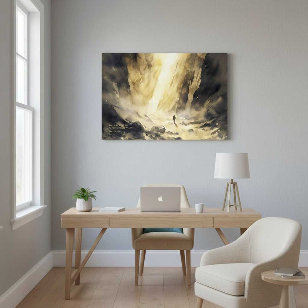 Watercolor scripture canvas of Psalm 23:4 depicting God’s presence through the valley, perfect for adding faith-filled warmth to dining spaces.