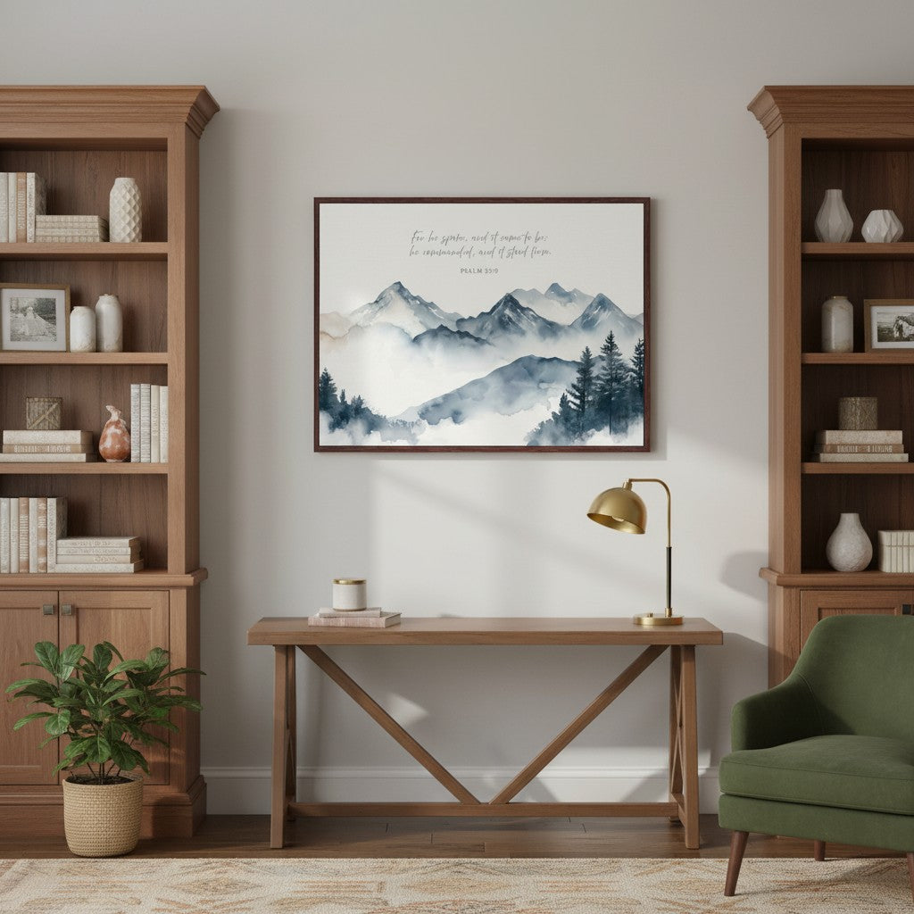 Framed Psalm 33:9 mountain Christian wall art above a console desk between bookshelves, featuring a misty blue watercolor mountain landscape and Bible verse.