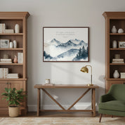 Framed Psalm 33:9 mountain Christian wall art above a console desk between bookshelves, featuring a misty blue watercolor mountain landscape and Bible verse.