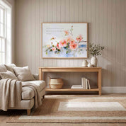 Psalm 34:8 pink wild rose Christian wall art above a wood console in a neutral living room, with a beige armchair and woven decor.