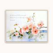 Watercolor pink wild rose Christian wall art featuring Psalm 34:8 scripture 'Taste and See that the Lord is good' in a light wood frame.