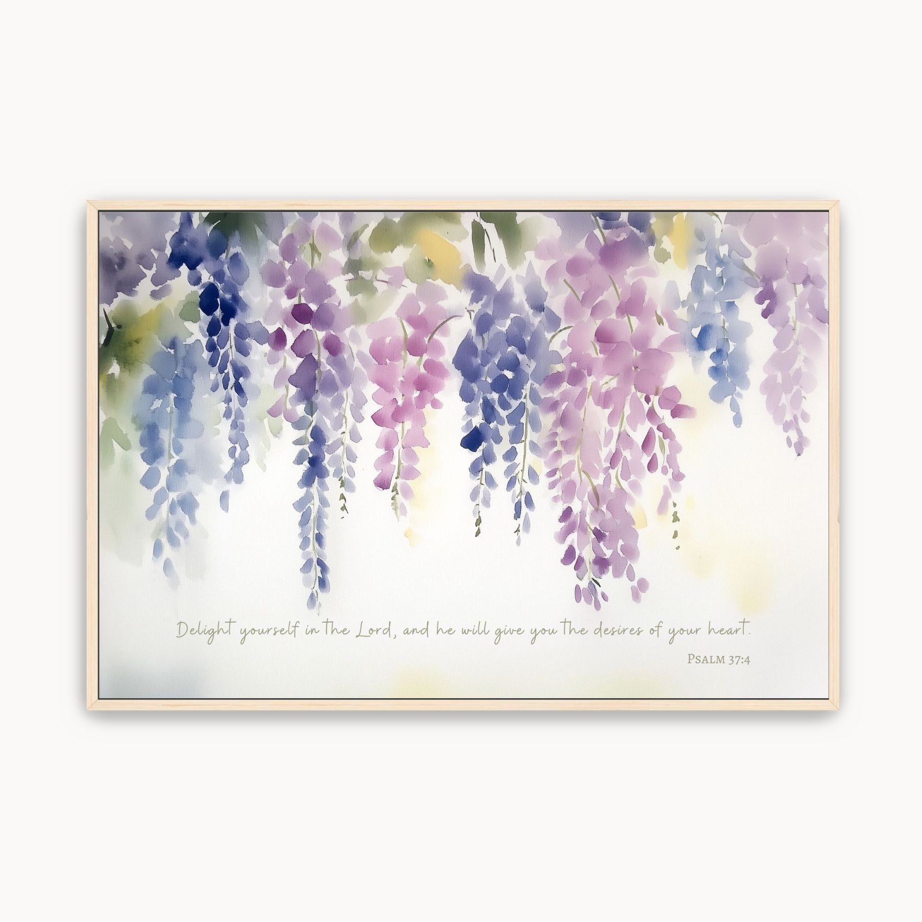 Psalm 37:4 Christian wall art with cascading purple watercolor wisteria and the Bible verse ‘Delight yourself in the Lord’ on a light background.