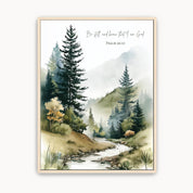 Watercolor mountain landscape Christian wall art featuring Psalm 46:10, "Be still and know that I am God," with evergreen trees, misty mountains, and a peaceful flowing stream. Scripture canvas for living room, bedroom, office, or prayer room.