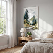 Framed Christian mountain landscape wall art titled Psalm 46:10 featuring evergreen trees, misty mountains, and a peaceful flowing stream, displayed on a light wall above a wooden nightstand in a sunlit bedroom.