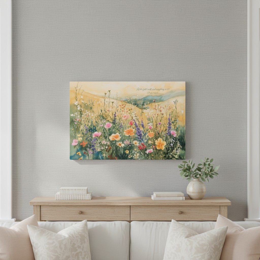 Psalm 72:3 wildflower meadow Bible verse canvas hanging above a sofa and console in a cozy living room.