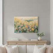 Psalm 72:3 wildflower meadow Bible verse canvas hanging above a sofa and console in a cozy living room.