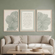 Three-piece framed canvas gallery wall set featuring Psalm 92:12–15 "The righteous will flourish like a palm tree" flanked by two sage green minimalist leaf line art prints, displayed in light wood frames on a sage green wall above a beige sofa in a modern living room.