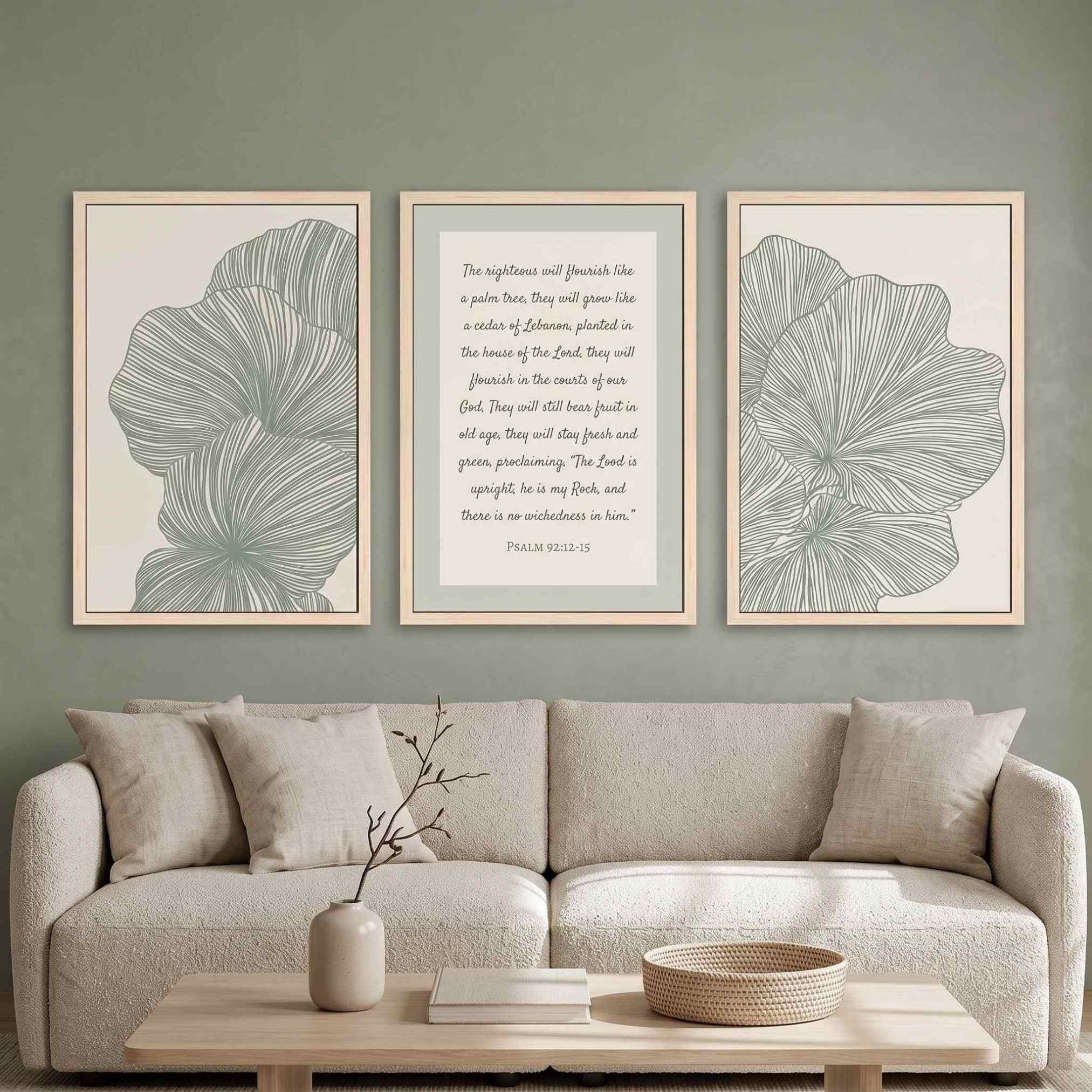 Three-piece framed canvas gallery wall set featuring Psalm 92:12–15 "The righteous will flourish like a palm tree" flanked by two sage green minimalist leaf line art prints, displayed in light wood frames on a sage green wall above a beige sofa in a modern living room.