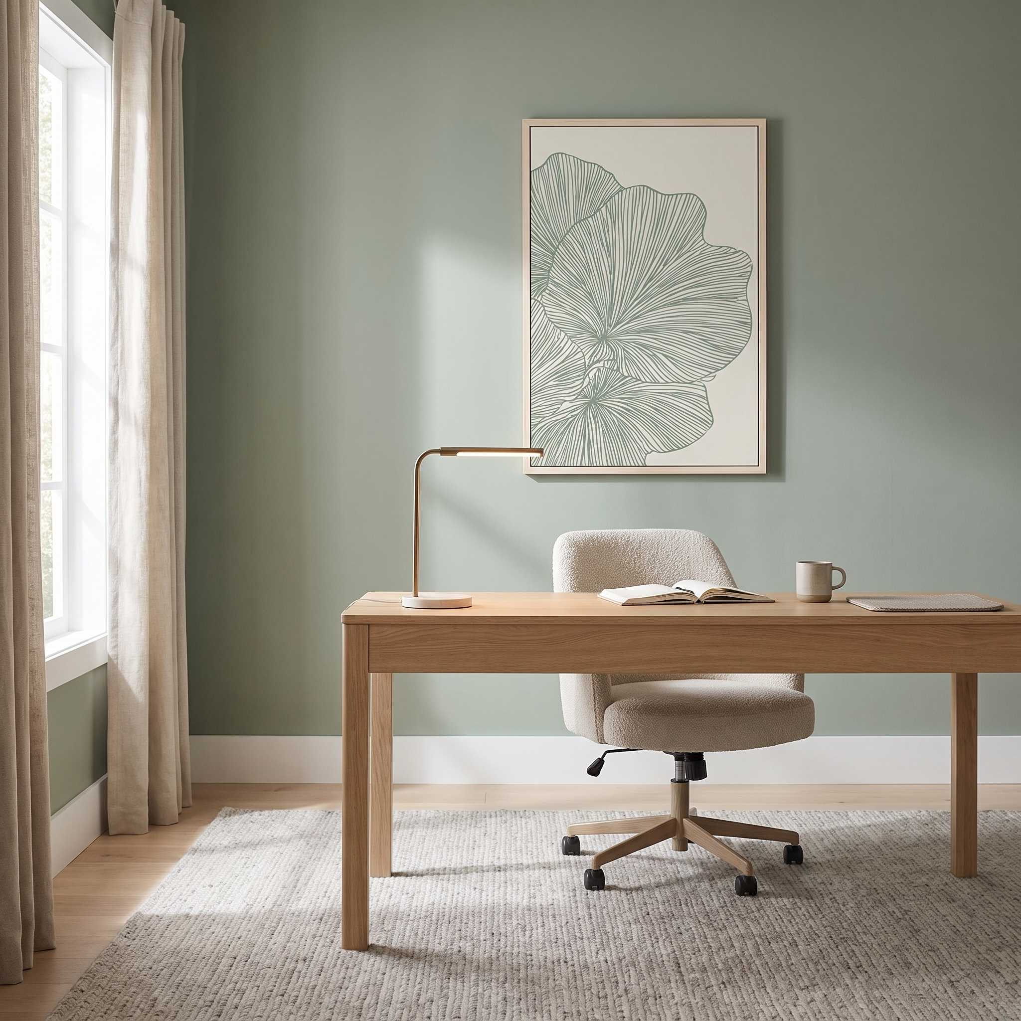 Framed minimalist palm leaf Scripture wall art titled Psalm 92:12–15 featuring "Flourish in Faith" with green line art artwork, displayed in a light wood frame on a sage green wall above a light oak desk and bouclé chair in a bright modern home office.