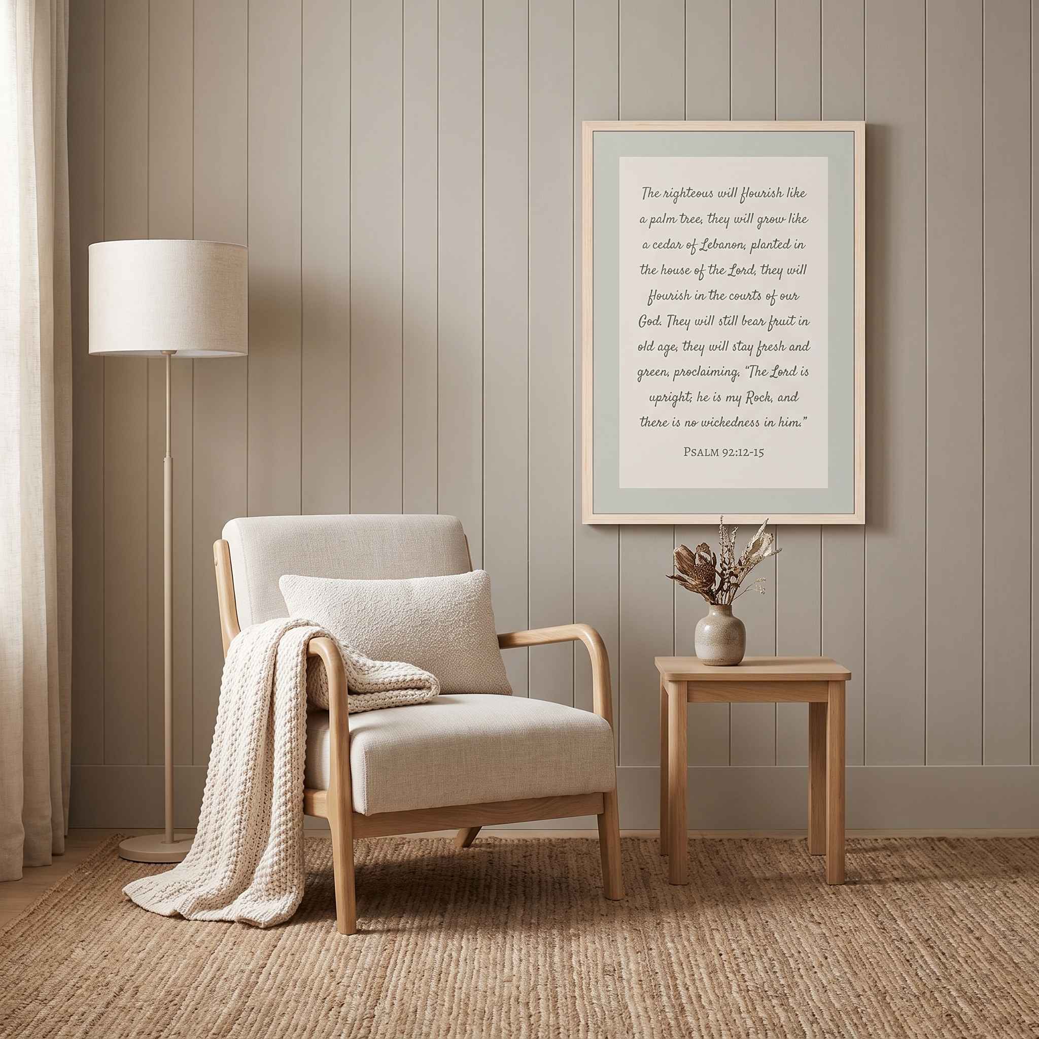 Framed minimalist Scripture wall art titled Psalm 92:12–15 featuring "The righteous will flourish like a palm tree" in elegant script, displayed in a light wood frame on a beige paneled wall above a small side table and cream armchair in a cozy reading nook.
