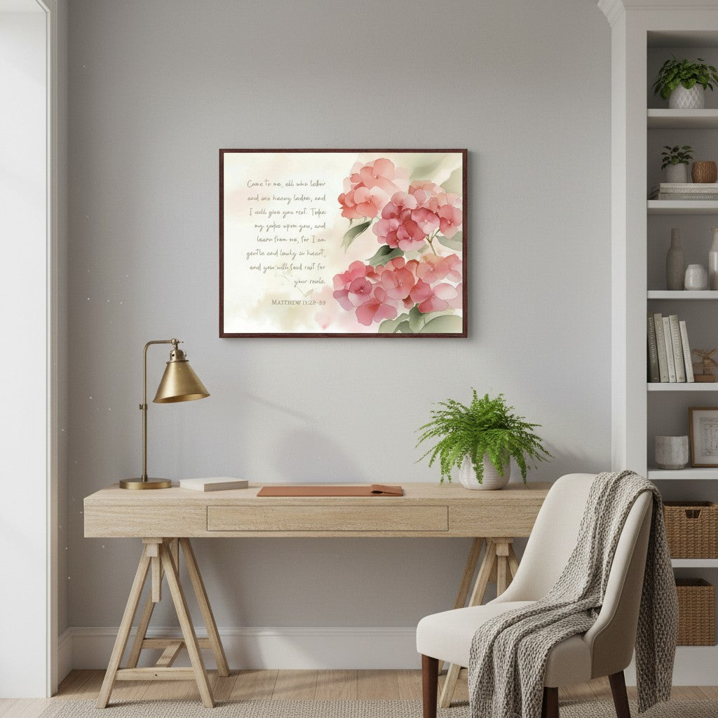 Watercolor hydrangea Christian wall art of Matthew 11:28–29 displayed in a peaceful living room with soft natural tones.