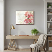 Watercolor hydrangea Christian wall art of Matthew 11:28–29 displayed in a peaceful living room with soft natural tones.
