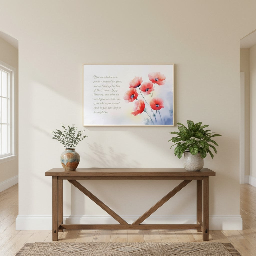 Christian watercolor wall art with red poppies and Philippians 1:6 scripture — “He who began a good work in you will bring it to completion.”
