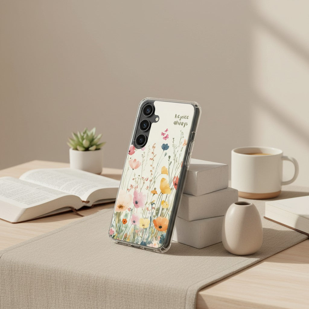 Rejoice Always Christian Samsung phone case with colorful wildflower floral design leaning against a stack of white books on a desk with an open Bible, a succulent, and a coffee mug.