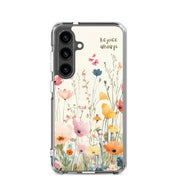 Rejoice Always Christian Samsung Galaxy S24 phone case with colorful wildflower floral design featuring uplifting faith message on clear protective case