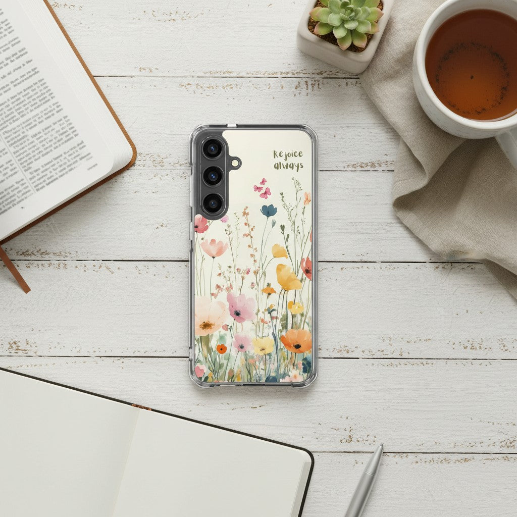 Rejoice Always Christian Samsung phone case with colorful wildflower design on a white painted wood surface next to an open Bible, a cup of coffee, and a small succulent.