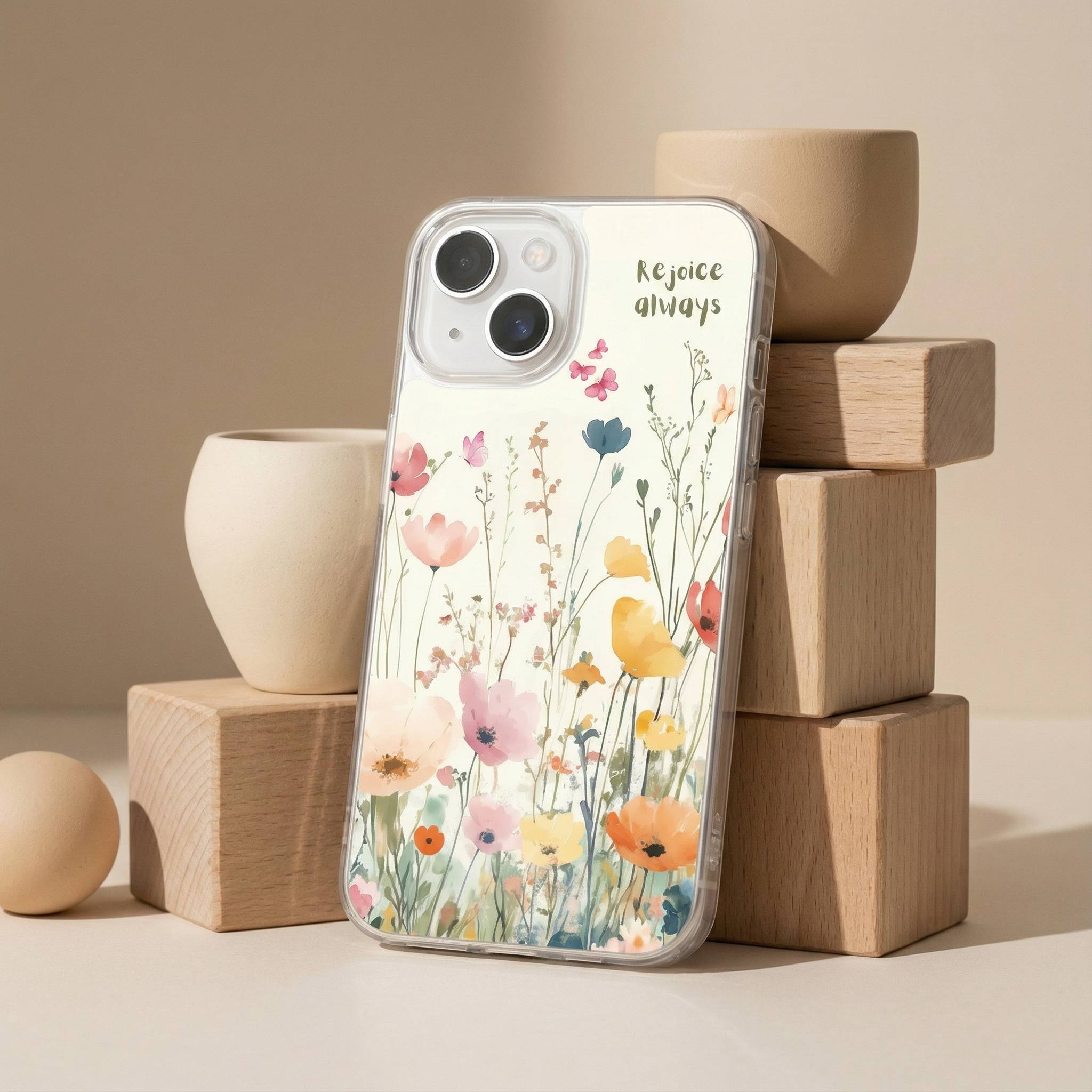 Phone case with floral design and 'Rejoice always' text on a neutral background