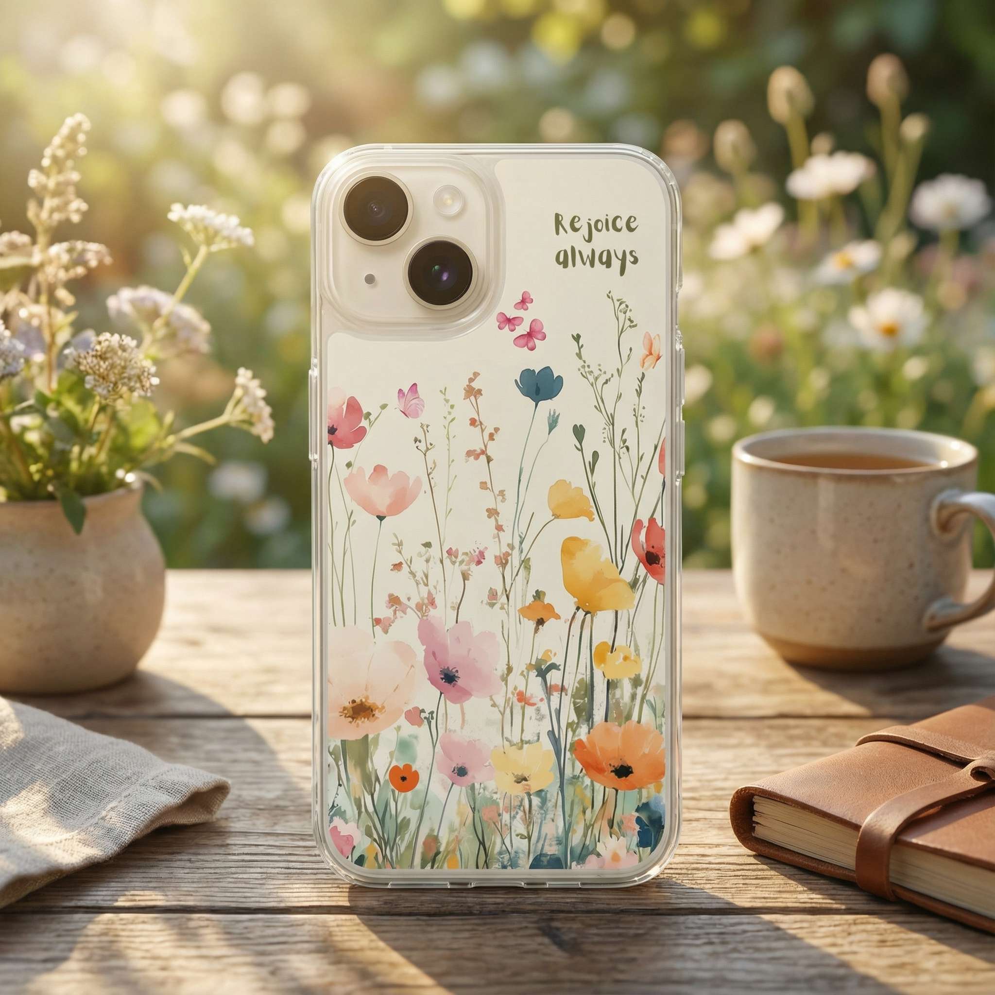 Phone case with floral design and 'Rejoice always' text on a wooden table with flowers and a mug.