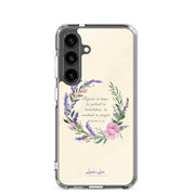 Rejoice in Hope Christian Samsung Galaxy S24 phone case with floral wreath design featuring Romans 12:12 Bible verse on clear protective case