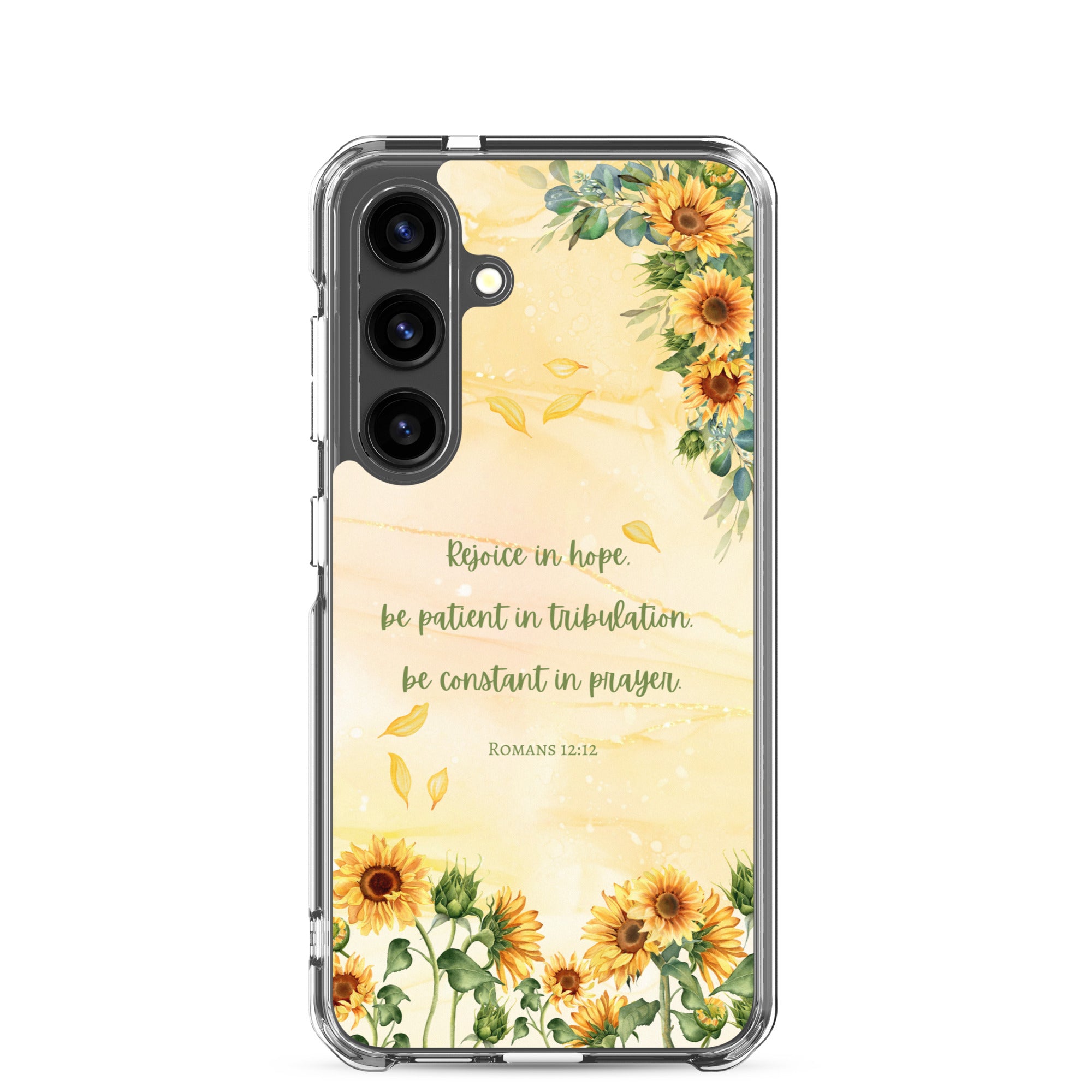 Rejoice in Hope Christian Samsung Galaxy S24 phone case with sunflower floral design featuring Romans 12:12 Bible verse on clear protective case