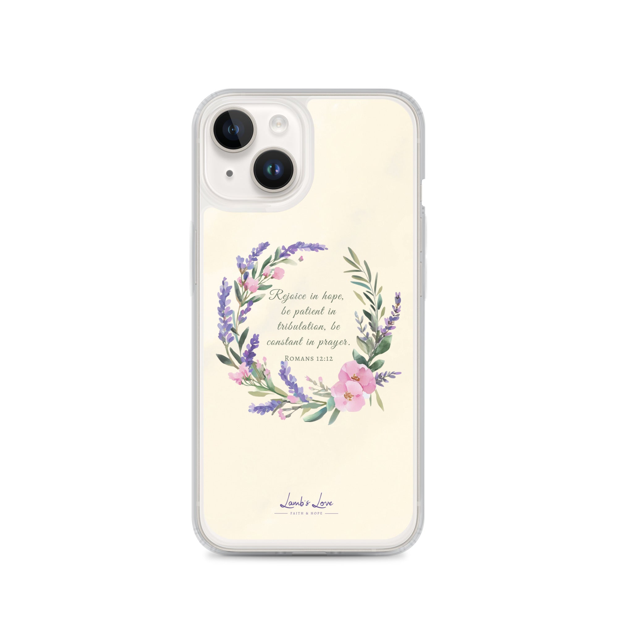 Phone case with floral design and text on a white background