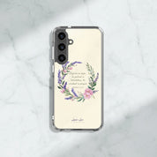 Rejoice in Hope Christian Samsung phone case featuring a lavender and pink floral wreath with Romans 12:12 Bible verse, displayed on a white marble background.