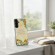 Rejoice in Hope Romans 12:12 Christian Samsung Galaxy phone case with sunflower design leaning against a window sill next to an open Bible and a small potted plant in a bright, airy room.