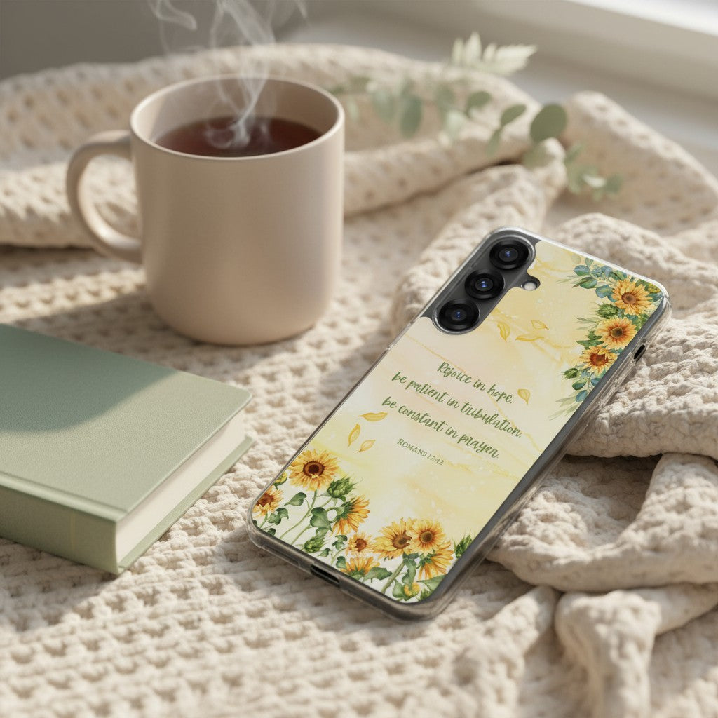 Rejoice in Hope Romans 12:12 Christian Samsung Galaxy phone case with sunflower art on a cozy knit blanket next to a steaming cup of coffee and a devotional book.