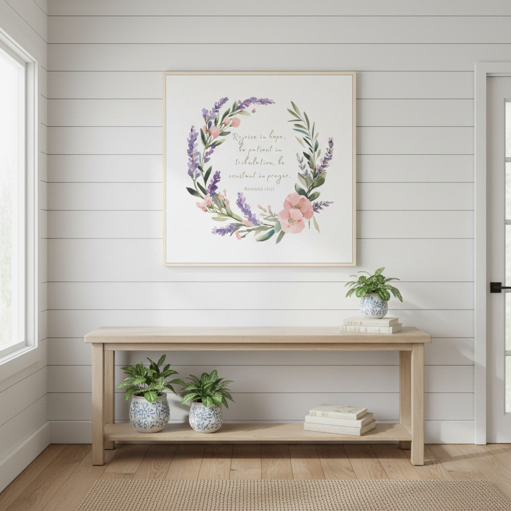“Rejoice in Hope” lavender wreath Christian canvas art displayed above console table, symbolizing faith and encouragement.