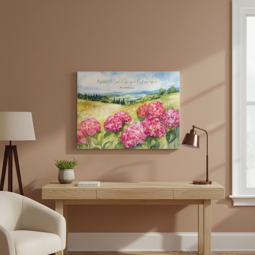 “Rejoice in the Lord” framed Scripture wall art featuring countryside hydrangeas, perfect for study or prayer space decor.