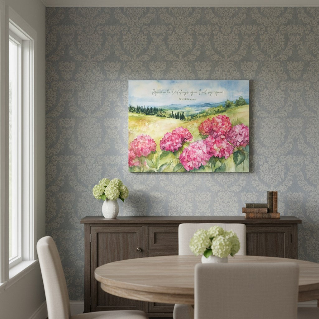 Watercolor pink hydrangea Christian wall art inspired by Philippians 4:4, reminding believers to find joy in Christ daily.