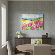 Watercolor pink hydrangea Christian wall art inspired by Philippians 4:4, reminding believers to find joy in Christ daily.