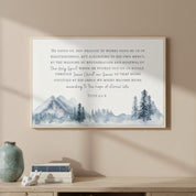 Framed Christian wall art with Titus 3:5–8 over a watercolor mountain landscape, symbolizing renewal and grace through the Holy Spirit.