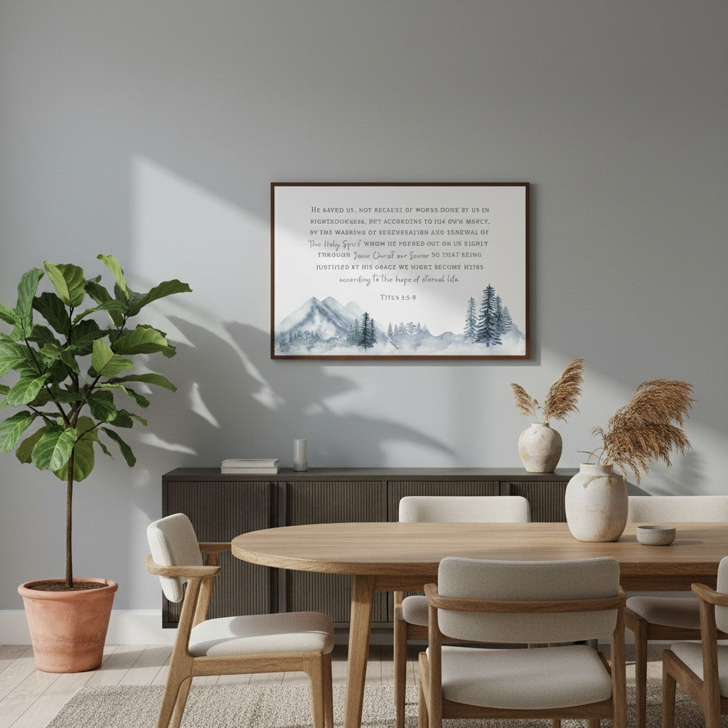 Renewed by the Spirit, Watercolor Mountain Scripture Wall Art, Titus 3:5–8